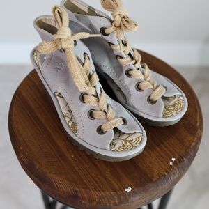 Fly London Concrete Color Leather Lace Up Wedge